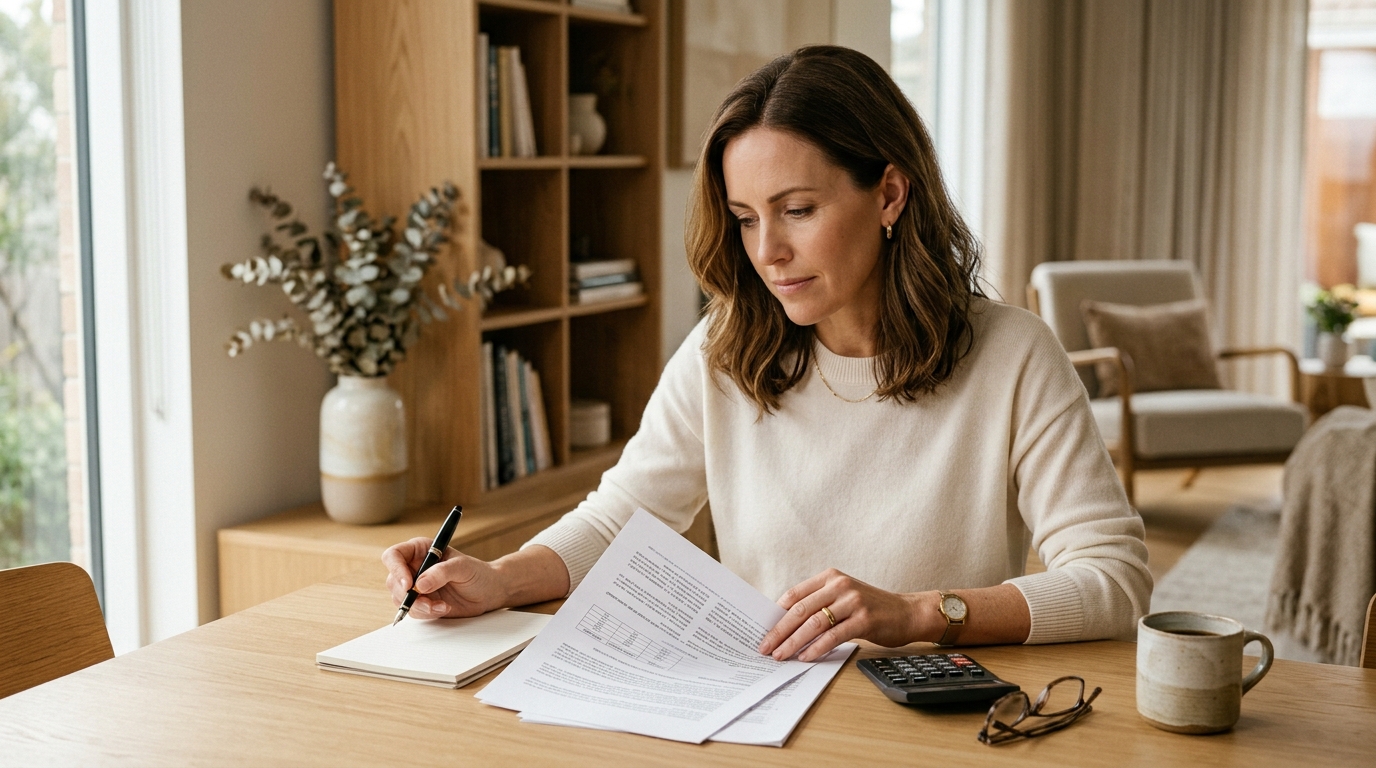 mulher analisando contrato de financiamento imobiliário antes de negociar divórcio