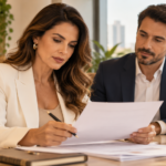 empresária analisando documentos societários durante o processo de divórcio