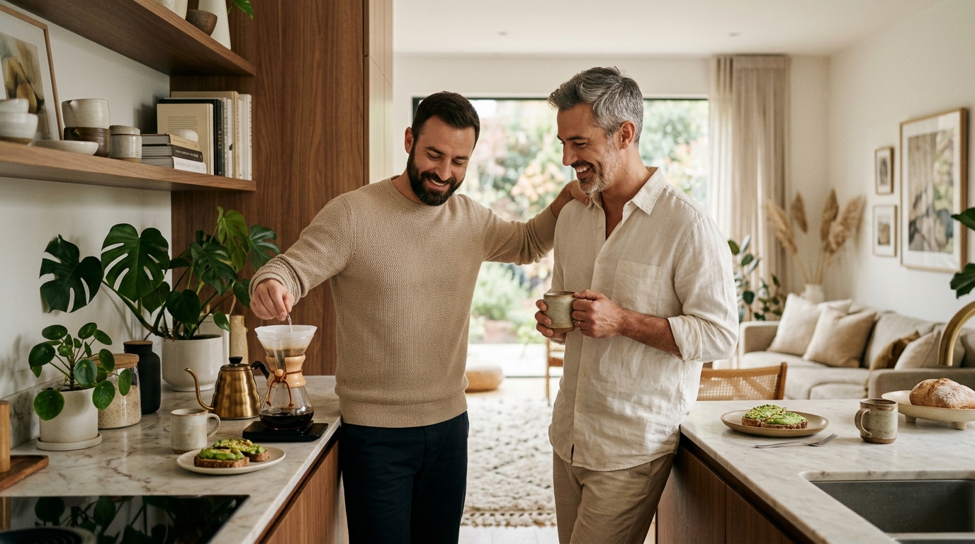 casal homoafetivo em casa representando o reconhecimento de união estável e direitos patrimoniais