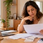 mulher revisando comprovantes de pagamento de financiamento de imóvel registrado no nome do marido