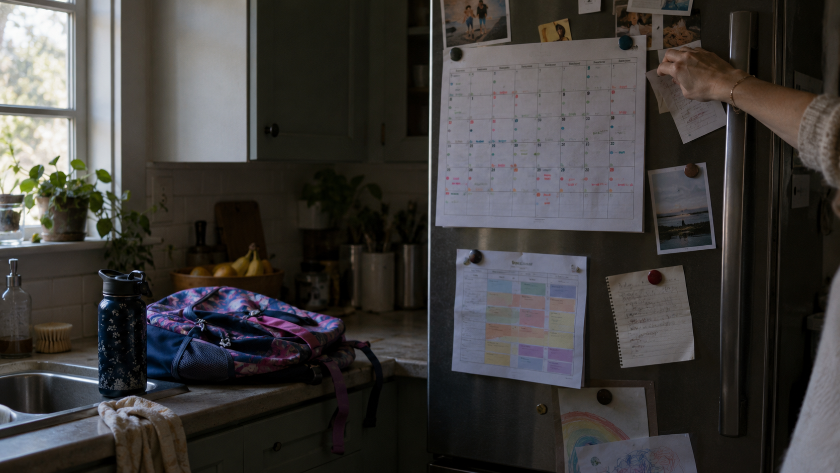 calendário de papel preso na geladeira com dias marcados em cores diferentes, ao lado de um horário escolar e uma mochila infantil