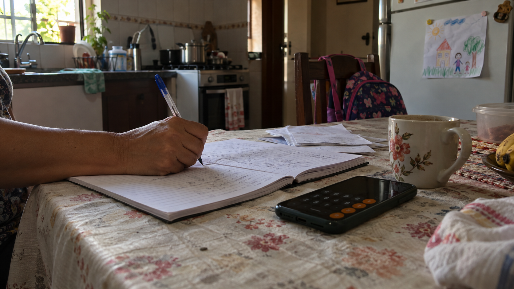 mão de mulher escrevendo contas em um caderno sobre a mesa da cozinha, com calculadora de celular ao lado e mochila escolar ao fundo